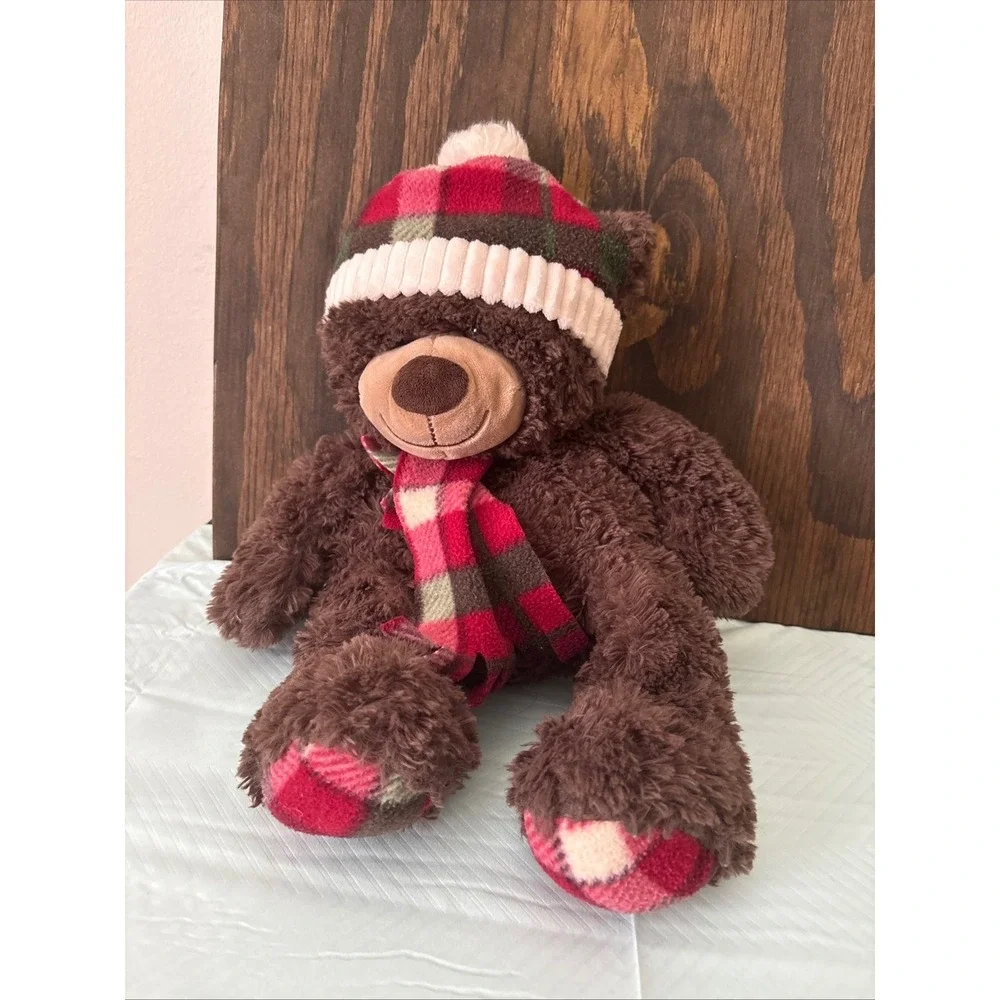 GT Gentle Treasures Stuffed Brown Bear Plush Winter Plaid Scarf and Hat Cozy 18
